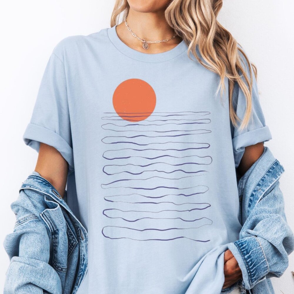 Sunrise Ocean Line Art Tee – Minimalist Beach Art Graphic Shirt